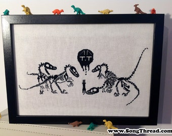 PATTERN Velociraptors And Cat Counted Cross Stitch Dino Dinosaur Skeleton Fossil Cute Kawaii
