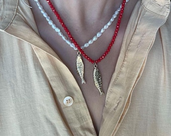 Collier poisson en or : perles d'eau douce, cristal ou coquillages - fait main grec