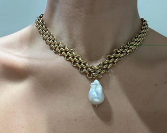 Gold Stainless Steel Baroque Pearl Choker, Chunky Chain Necklace