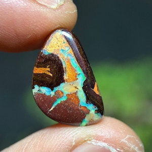 May include: A polished, teardrop-shaped opal gemstone. The opal features a dark brown base color with vibrant flashes of gold, orange, and turquoise. The gemstone is held between two fingers, showcasing its unique color patterns and textures.