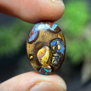 Puede incluir: Una gema ovalada con un patrón de colores único. La piedra presenta una mezcla de tonos marrones, dorados, azules y rojos, creando un efecto visual llamativo. La gema se sostiene entre dos dedos, mostrando su tamaño y forma.