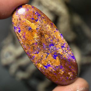 May include: An oval-shaped gemstone with a polished surface. The stone features a mix of brown, gold, and deep blue colors. The colors are swirled and speckled throughout the stone, creating a unique pattern. The gemstone is held between two fingers.