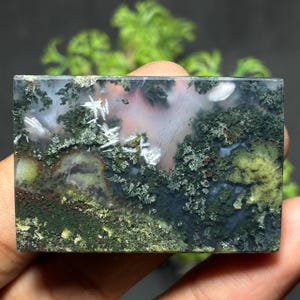 May include: A rectangular moss agate stone with a natural landscape pattern. The stone features shades of green, white, and brown, resembling a miniature forest scene. The polished surface highlights the intricate details of the mineral formations.