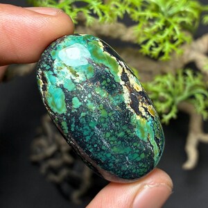 Può includere: Una gemma lucidata, di forma ovale, con un'accattivante miscela di colori. La pietra presenta una vibrante tonalità turchese, contrastata da nero scuro e accenni di giallo. La superficie ha un aspetto strutturato, con motivi e variazioni naturali.
