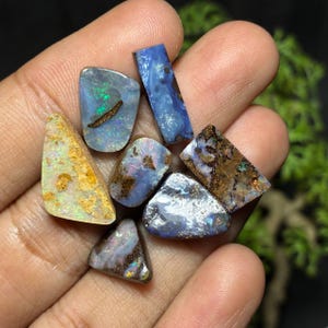 May include: A collection of polished opal gemstones in various shapes and sizes. The opals display a range of colors, including blues, greens, browns, and yellows, with iridescent patterns. The gemstones are held in a hand, showcasing their natural beauty.