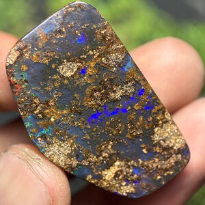 May include: A polished opal stone with a dark blue base color, featuring vibrant flashes of blue, green, and red. The surface is textured with golden-brown matrix, creating a striking contrast. The gemstone is held in a hand.