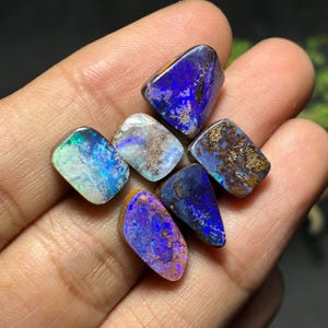 Könnte beinhalten: Eine Sammlung polierter Opal-Edelsteine, die jeweils ein einzigartiges Farbspiel zeigen. Die Opale weisen lebendige Blau-, Grün- und Violetttöne auf, einige mit braunen Matrixmustern. Die Steine werden in einer Hand gehalten.