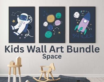Kids Space Wall Art Prints: Astronaut, Rocket, Planets (Digital Download)