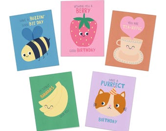 Illustrated Greeting Cards Pack: Whimsical Animals, Birthday Wishes (5-Pack)