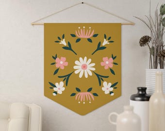 Floral Pennant Wall Hanging: Rustic Folk Art Decor