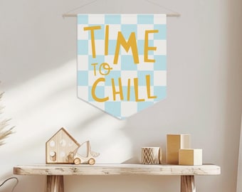 Kids Playroom Pennant: Blue Check Fabric Wall Hanging