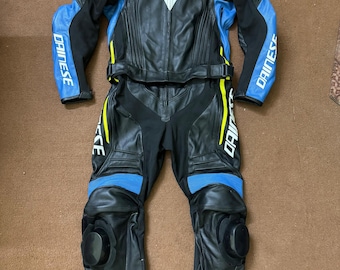 Black Blue Yellow Dainese Style Leather Motorcycle Racing Suit | One Piece Track Sportbike Gear | Biker Race Suit Men