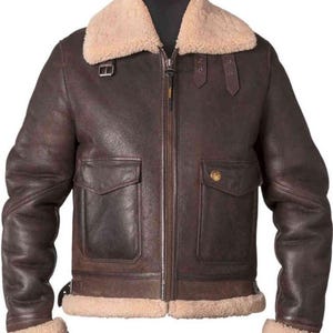 Blouson motard marron en peau de mouton retourné pour homme | Manteau aviateur en cuir véritable avec col en laine | Manteau d'hiver Thunder aviateur