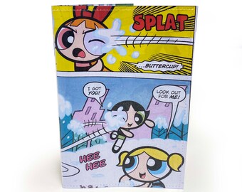PASSPORT HOLDER | Recycled Power Girls Comic Book Page in PVC - Travel Wallet, passport holder, 90s cartoon, Nostalgia
