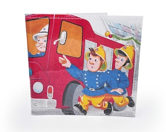 WALLET | Upcycled Vintage Fireman Book Page in PVC, Welsh cartoon, Sam, Nostalgia, Gift idea, Children's book, fireman wallet