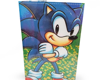 FUNDA DE PASAPORTE / Comic vintage reciclado de Super Sonic Blue Hedgehog en PVC - Videojuego de los 90, regalo para gamers, porta pasaporte, billetera de viaje