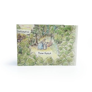 TARJETA DE VIAJE / Mapa vintage de Beatrix Potter. Página de libro reciclada en PVC. Oyster, Metro, Rail Bus, Peter Rabbit, Lake District, Hawkshead.