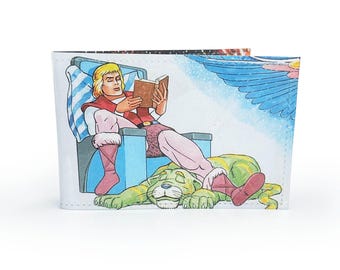 CARTERA PARA TARJETAS DE VIAJE / Página de libro vintage de los 80 de Masters of the Universe en PVC - She-Ra, He-Man, metro, tren, autobús, Oyster