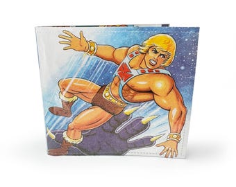 CARTERA / He-Man Masters of the Universe. Página de cómic vintage reciclada de los 80 en PVC, regalo nostálgico de los 80, dibujos animados de los 80.