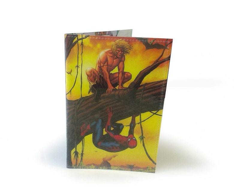 SALE Comic Passport Cover Upcycled man spider Book page in PVC Boys Travel Wallet, Holiday Gift, vacation, dad gift image 1