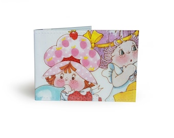 Strawberry Shortcake Oyster Card Holder - Upcycled 80s Vintage book page in PVC - Metro, Rail, Bus ticket, Travel Wallet