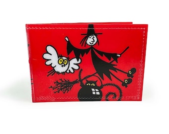 CARD HOLDER | Upcycled Vintage Meg & Mog Book Page in pvc - Card wallet, Metro, Oyster, Rail, Bus, ID, Travel Wallet, Owl, Witch, Nostalgia