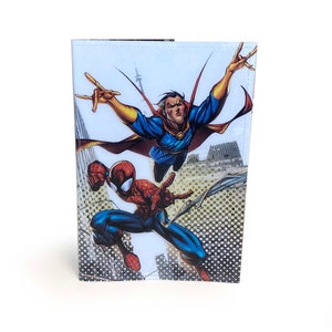 PASSPORT COVER | Upcycled comic book page in PVC - spider man with weird doctor, Boys Travel Wallet, Holiday Gift