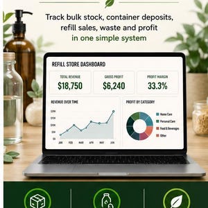 May include: A digital dashboard for a refill store inventory, deposit, and waste tracker displayed on a laptop screen. The interface shows total revenue, gross profit, profit margin, a revenue line graph, and a profit category pie chart.