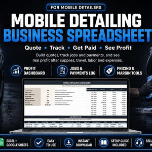 Può includere: Un foglio di calcolo digitale per attività di detailing mobile visualizzato su uno schermo di un portatile. La grafica include il testo Mobile Detailing Business Spreadsheet, Quote, Track, Get Paid, See Profit e icone per dashboard.