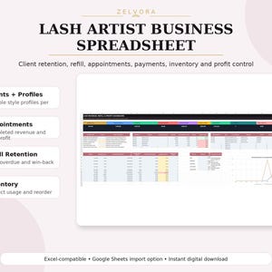Può includere: Un foglio di calcolo digitale per professionisti delle ciglia con sezioni per profili cliente, appuntamenti, ritenzione dei riempimenti e inventario. L'interfaccia include una dashboard per ricavi, profitti e tracciamento dati, compatibile con Excel e Google Sheets.