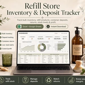 May include: A laptop displays a dashboard with inventory data, graphs, and charts. The image includes refill store products, such as a glass jar with a label, a brown bottle with a pump, and a wooden brush. Text on the screen reads "Refill Store Inventory & Deposit Tracker."