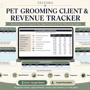 Può includere: Un foglio di calcolo digitale per il monitoraggio dei clienti e dei ricavi per la toelettatura di animali domestici visualizzato su uno schermo di un portatile. L'interfaccia include sezioni per appuntamenti, prezzi, scorte e spese.