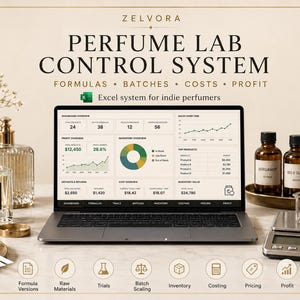 Può includere: Un computer portatile che mostra una dashboard del Perfume Lab Control System con grafici e tabelle. Attorno al portatile ci sono tre flaconi di profumo in vetro ambrato, un piccolo becher, una bilancia digitale e strisce di carta.