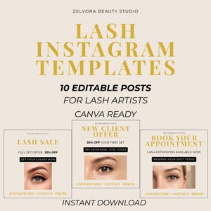Può includere: Modello digitale per lash artist. L'immagine presenta il testo "LASH INSTAGRAM TEMPLATES" e "10 EDITABLE POSTS FOR LASH ARTISTS". Include anche tre post di esempio: "Lash Sale", "New Client Offer" e "Book Your Appointment".
