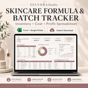 Skincare Formula & Batch Tracker: Inventory, Cost and Profit Spreadsheet for Beauty Businesses