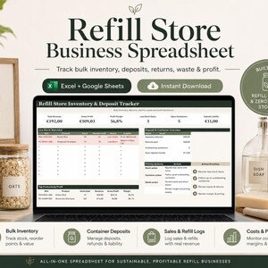 Refill Store Business Spreadsheet, Bulk Inventory Tracker, Container Deposit Return Log, Zero Waste Shop Excel Google Sheets