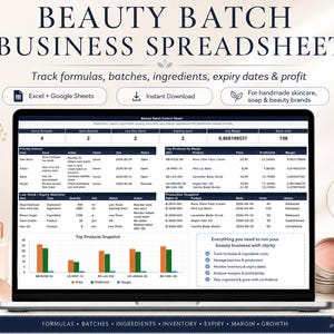 Può includere: Un foglio di calcolo aziendale digitale per marchi di bellezza visualizzato sullo schermo di un portatile. L'interfaccia include tabelle per tracciare formule, lotti, ingredienti, date di scadenza e margini di profitto con grafici.