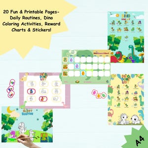 Agenda imprimable dinosaure pour enfants | Liste de contrôle quotidienne, tableau des récompenses, pages à colorier et autocollants | Routine motivante pour les 3-6 ans