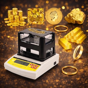 Puede incluir: Se exhibe una variedad de artículos de oro, incluyendo monedas, lingotes, anillos y una pepita. Una balanza digital con una interfaz negra y amarilla está en primer plano, con un collar encima. El fondo tiene un efecto bokeh.
