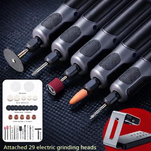 May include: Five grey and black electric rotary tools with different attachments, such as cutting discs and grinding heads. The image displays a range of accessories and the text "Attached 29 electric grinding heads". A metal stand is also included.