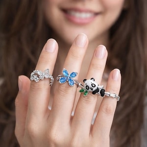 Sterling Silver Rings S925 | Blue Crystal Butterfly, Floral & Panda Rings Gift for Her