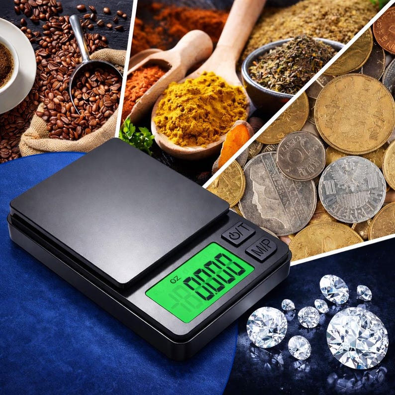 May include: A black digital kitchen scale with a green LED display showing a weight in ounces. The image also includes coffee beans, spices, coins, and diamonds, suggesting the scale's versatility for various uses.