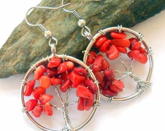 Red Coral Tree of Life Earrings earthegy #885