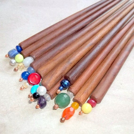 Items similar to Pair Handcarved Wooden Hair Sticks with Gemstones Mix