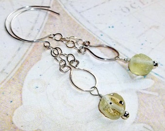 Green Ancient  Roman Glass Gemstone Earrings Sterling Silver Long Dangle earthegy