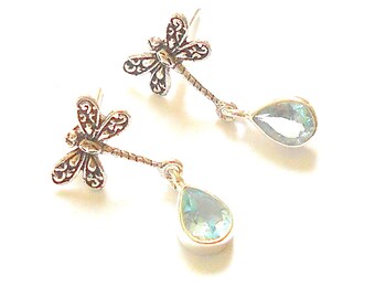 Blauwe Topaas Sterling Zilveren Dragonfly Oorbellen earthegy #2981