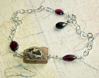 Ancient  Roman Glass and Plum Garnet Gemstone Bracelet Sterling Silver Adjustable earthegy