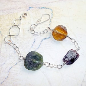 Ancient  Roman Glass Three Stone Bracelet Sterling Silver Adjustable earthegy