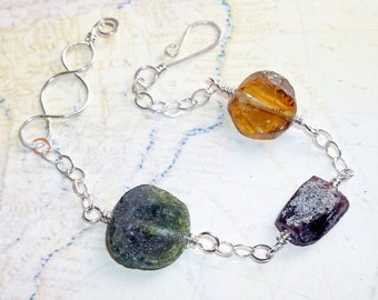 Ancient  Roman Glass Three Stone Bracelet Sterling Silver Adjustable earthegy