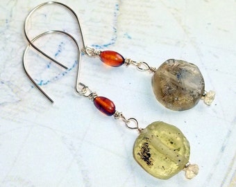 Ancient  Roman Glass and Amber Gemstone Earrings Gold Fill Long Dangle earthegy